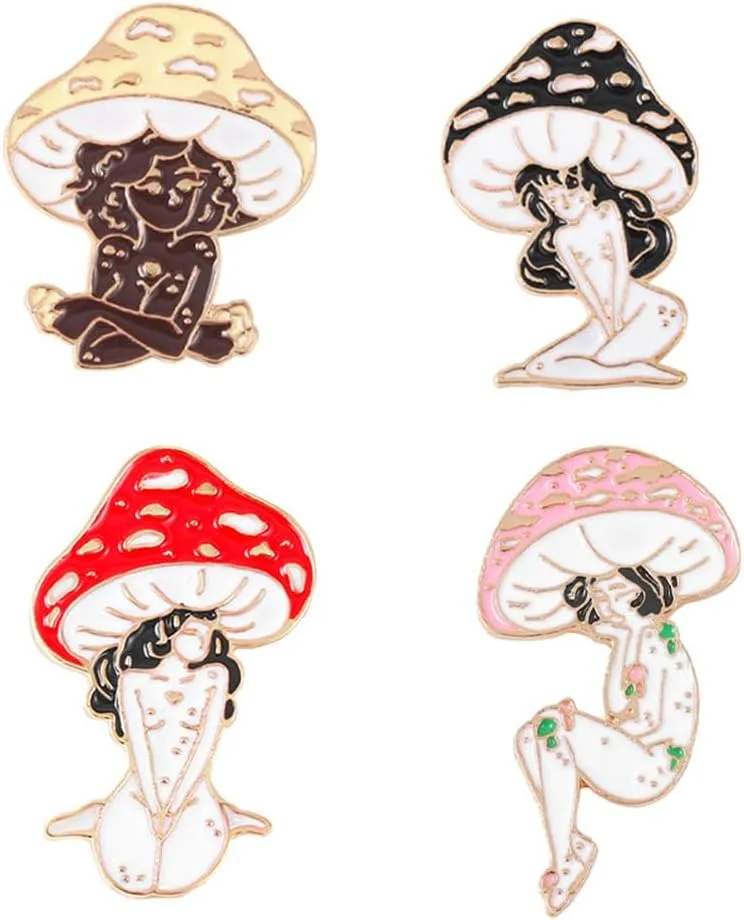 4PCs Cartoon Mushroom Girl Pins Brooches Enamel Lapel Pin Cute Mushroom Brooch Pin Plant Mental Enamel Pins Set Mushroom Brooches for Backpack Cloths Hats Accessories Decor Women Girls Jewelry Gifts