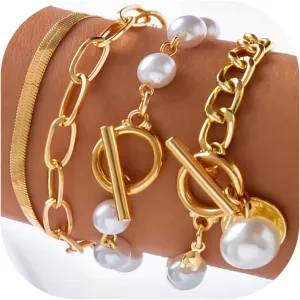 4Pcs Gold Tennis Link Bracelets Set for Women,14K Gold Plated Pearl Bracelets for Women,Dainty Layered CZ Paperclip Snake Cuban Link Chain Bracelets for Women