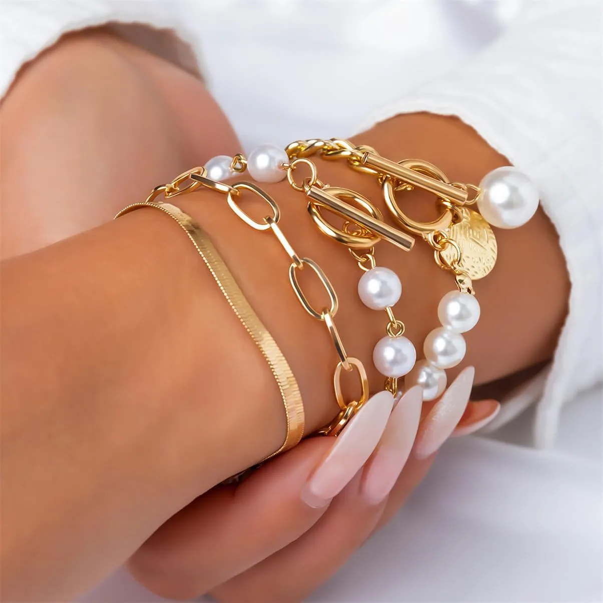 4Pcs Gold Tennis Link Bracelets Set for Women,14K Gold Plated Pearl Bracelets for Women,Dainty Layered CZ Paperclip Snake Cuban Link Chain Bracelets for Women