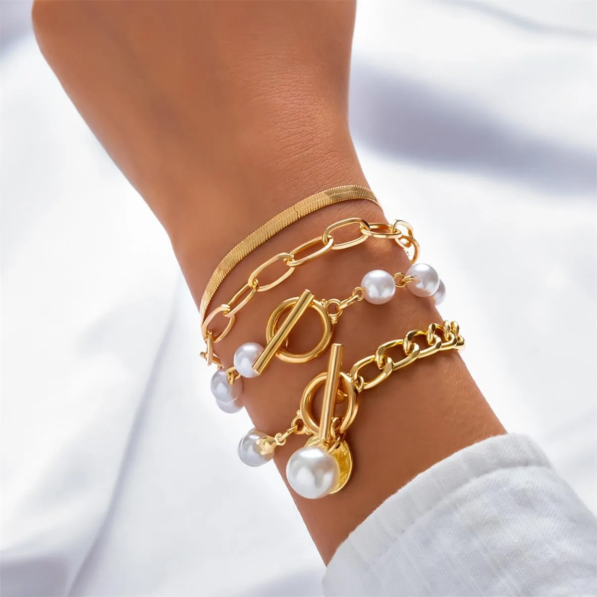 4Pcs Gold Tennis Link Bracelets Set for Women,14K Gold Plated Pearl Bracelets for Women,Dainty Layered CZ Paperclip Snake Cuban Link Chain Bracelets for Women