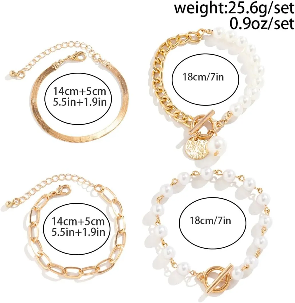4Pcs Gold Tennis Link Bracelets Set for Women,14K Gold Plated Pearl Bracelets for Women,Dainty Layered CZ Paperclip Snake Cuban Link Chain Bracelets for Women