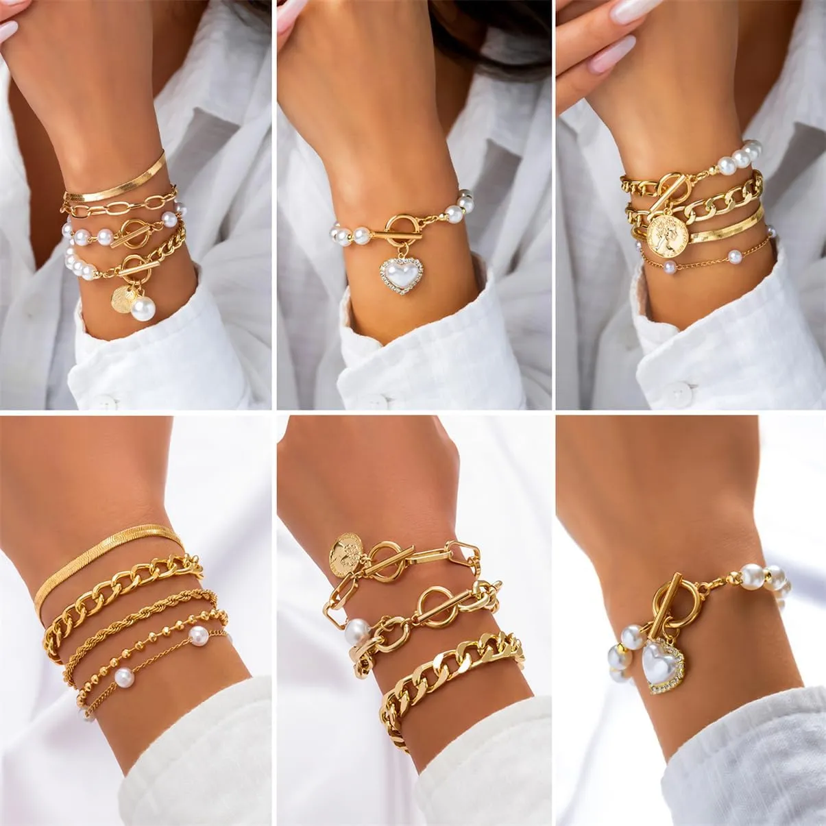 4Pcs Gold Tennis Link Bracelets Set for Women,14K Gold Plated Pearl Bracelets for Women,Dainty Layered CZ Paperclip Snake Cuban Link Chain Bracelets for Women