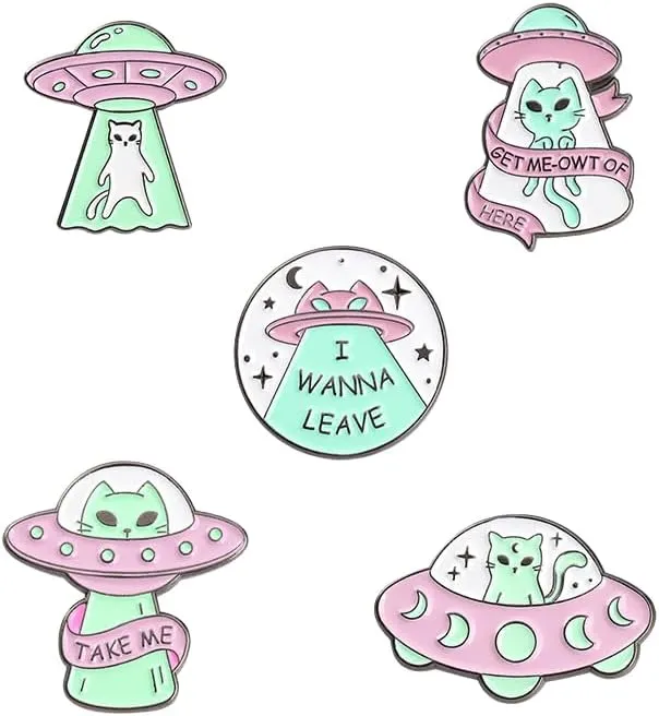 5 Pairs Enamel Cartoon Brooch Pins Set for Women Girls Creative UFO Spaceship Alien Brooch Cute Mushroom Cat Frog Hedgehog Animal Brooches Lapel Backpack Badge Hat Clothes Bag Decoration Accessories Gifts