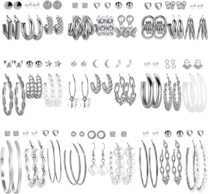 54 Pairs Gold Hoop Earrings Set for Women Multipack, Boho Fashion Statement Stud Hoop Earrings Pack with Pearl Butterfly Shaped Assorted Small Big Hoop Earrings Jewelry for Gift