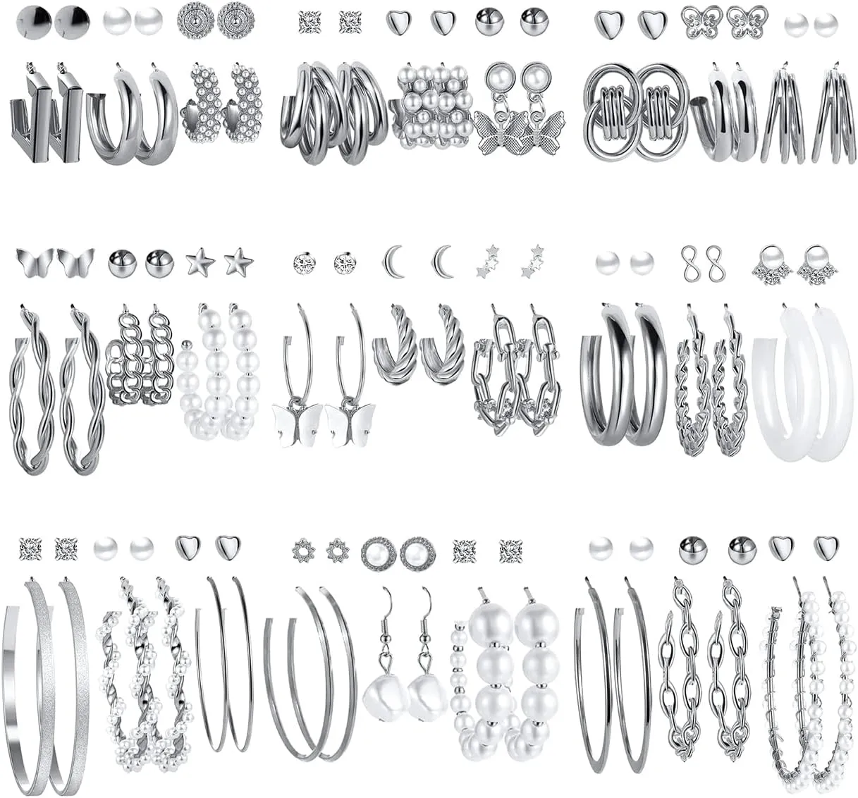 54 Pairs Gold Hoop Earrings Set for Women Multipack, Boho Fashion Statement Stud Hoop Earrings Pack with Pearl Butterfly Shaped Assorted Small Big Hoop Earrings Jewelry for Gift
