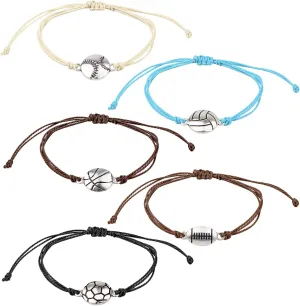 5pcs Adjustable Sports Themed Bracelets Mixed Football Basketball Baseball Volleyball Rugby Charm Friendship Bracelets Cord Braided Rope Bracelet for Sport Team Players