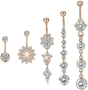 5Pcs Belly Button Rings for Women,14G Belly Button Piercing Ring with Surgical Steel Belly Button Rings Barbell Jewelry Rings Bulk Long Dangle Navel Ring CZ Body Piercing Jewelry for Women Girls