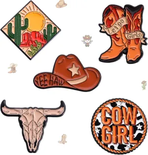 5Pcs Cartoon Western Cowgirl Brooches, Funny Cowboy Hats, Cowgirl Boots, Bull Head Alloy Pins, Western Desert Style Enamel Badges Suitable for Decorating Clothes Bags Hats, Collecting and Giving Gifts for Parties