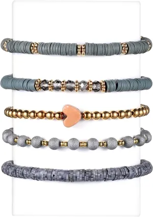 5Pcs Heishi Beaded Stretch Bracelets for Women, Stackable Gold Polymer Clay Beads Bracelet, Boho Friendship Stacking Layered Bracelets with Jewelry Set for Women Summer Beach