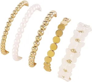 5Pcs Imitation Pearl Beads Stackable Layered Stretch Bracelets Vintage Resin Star Heart Butterfly Flower Beaded Elastic Bracelets Gold Beads Disc Bracelets for Women Teen Girls Jewelry