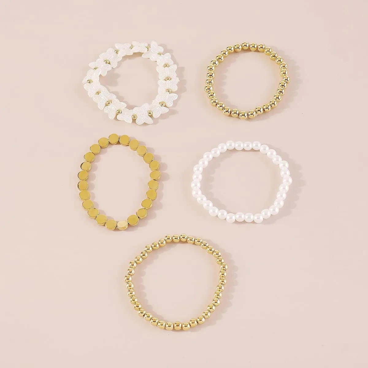 5Pcs Imitation Pearl Beads Stackable Layered Stretch Bracelets Vintage Resin Star Heart Butterfly Flower Beaded Elastic Bracelets Gold Beads Disc Bracelets for Women Teen Girls Jewelry