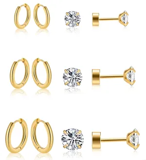 6 Pairs Earrings Sets, Multiple Piercing Lightweight 14K Gold Plated Small Huggie Hoop Earrings, Hypoallergenic Flat Back Tiny CZ Stud Flat Screw Back Earrings for Cartilage, Helix, Lobe (Golden)