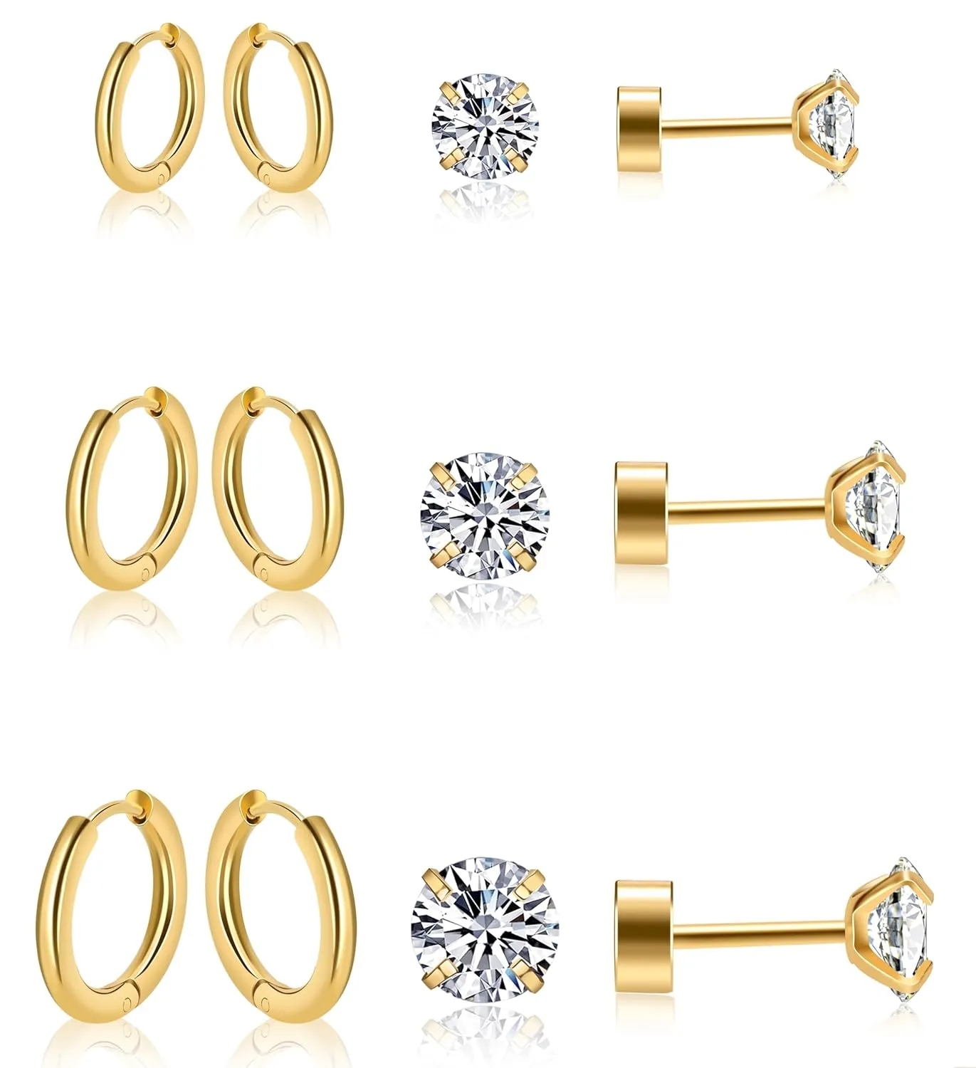 6 Pairs Earrings Sets, Multiple Piercing Lightweight 14K Gold Plated Small Huggie Hoop Earrings, Hypoallergenic Flat Back Tiny CZ Stud Flat Screw Back Earrings for Cartilage, Helix, Lobe (Golden)