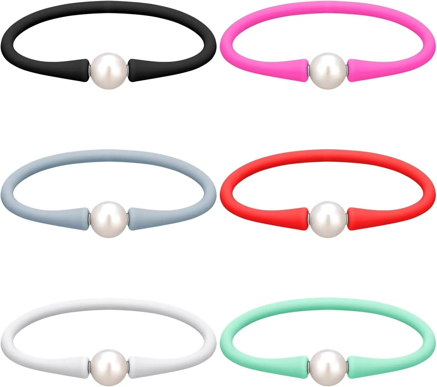 6 Pcs 9-11 mm Silicone Rubber Real Natural Freshwater Pearls Bracelets for Women Womens Charm Bangle Personalized Jewelry Silicone Bracelet Colored Dainty Stretch Mood Rubber Bands, 7.5 Inch