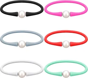 6 Pcs 9-11 mm Silicone Rubber Real Natural Freshwater Pearls Bracelets for Women Womens Charm Bangle Personalized Jewelry Silicone Bracelet Colored Dainty Stretch Mood Rubber Bands, 7.5 Inch