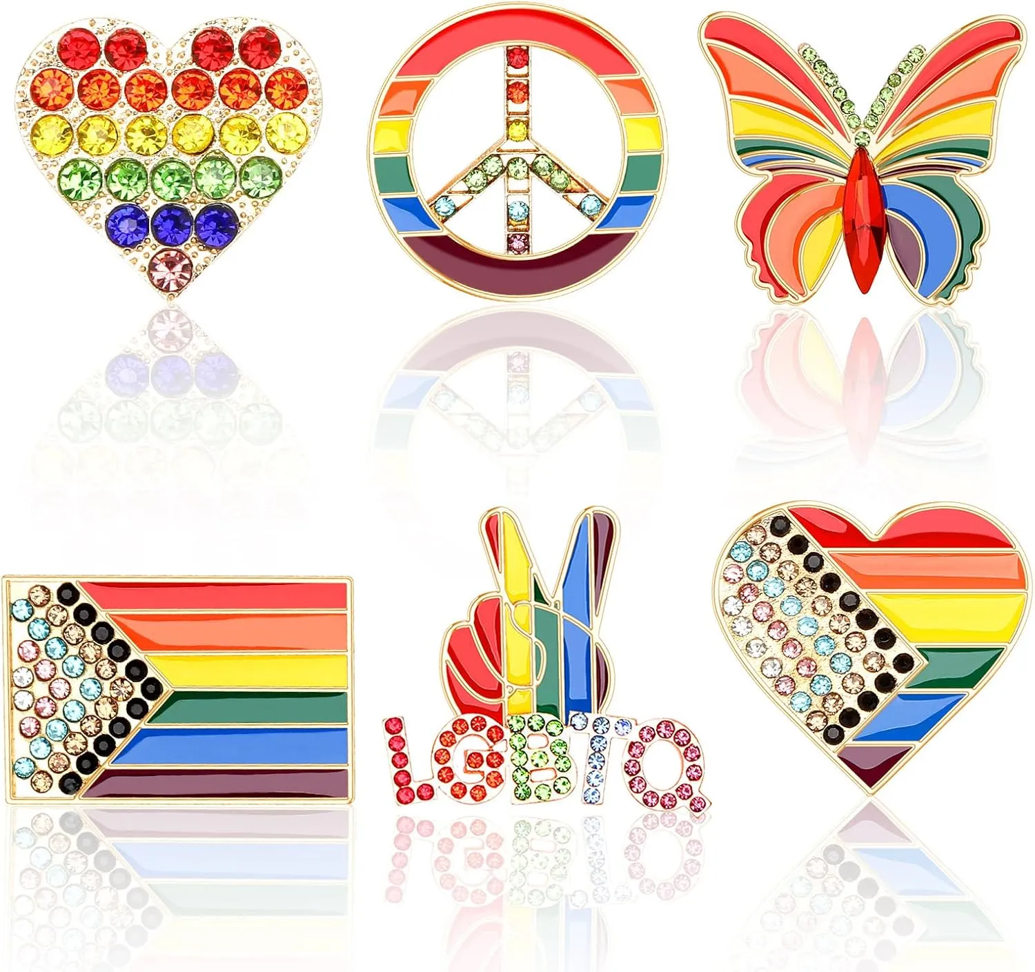6 PCS Pride Enamel Pins Bulk Rainbow LGBT Lapel Pins Gay Pride Heart Flag Rhinestone Brooch Pins Badge for Clothes Bags Backpack Hat Jacket Decoration