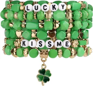 6 Pcs St. Patrick's Day Bracelets, Green Four Leaf Shamrock Bead Stretch Irish Bracelets, Holiday Stackable Bracelets, Luck Beaded Friendship Jewelry for Women Festival Party Decoration
