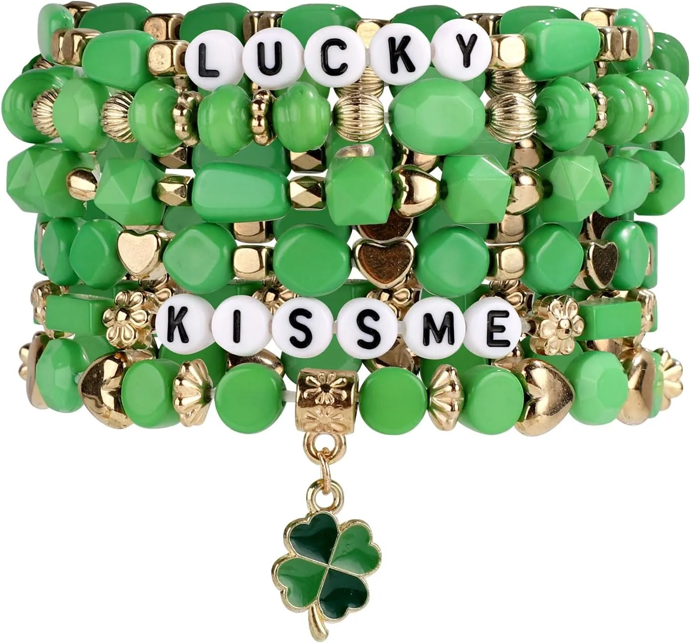 6 Pcs St. Patrick's Day Bracelets, Green Four Leaf Shamrock Bead Stretch Irish Bracelets, Holiday Stackable Bracelets, Luck Beaded Friendship Jewelry for Women Festival Party Decoration