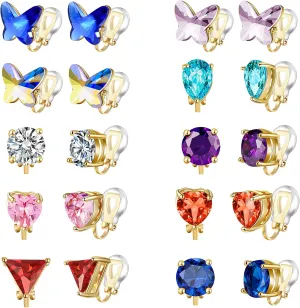 6/10 Pairs Birthstone Clip on Earrings for Women without Ear Holes,Non Pierced Earrings for Women Clip on with Multi-style and Multi-color