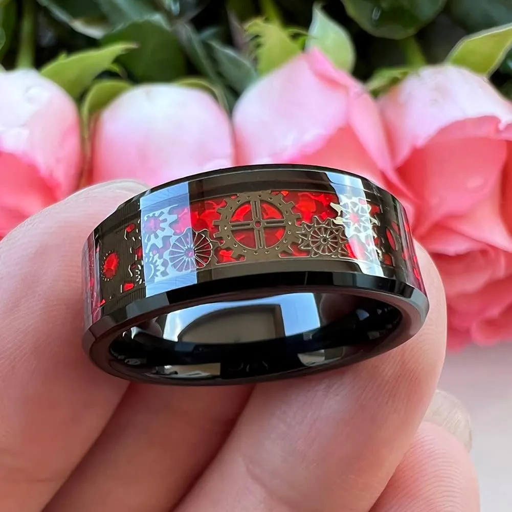 6mm 8mm Blue Red Green Carbon Fiber Steampunk Gear Inlay Tungsten Rings for Men Women Wedding Bands Beveled Edges Polished Comfort Fit