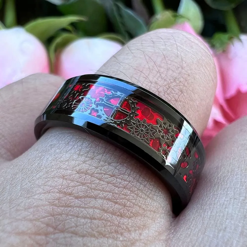 6mm 8mm Blue Red Green Carbon Fiber Steampunk Gear Inlay Tungsten Rings for Men Women Wedding Bands Beveled Edges Polished Comfort Fit