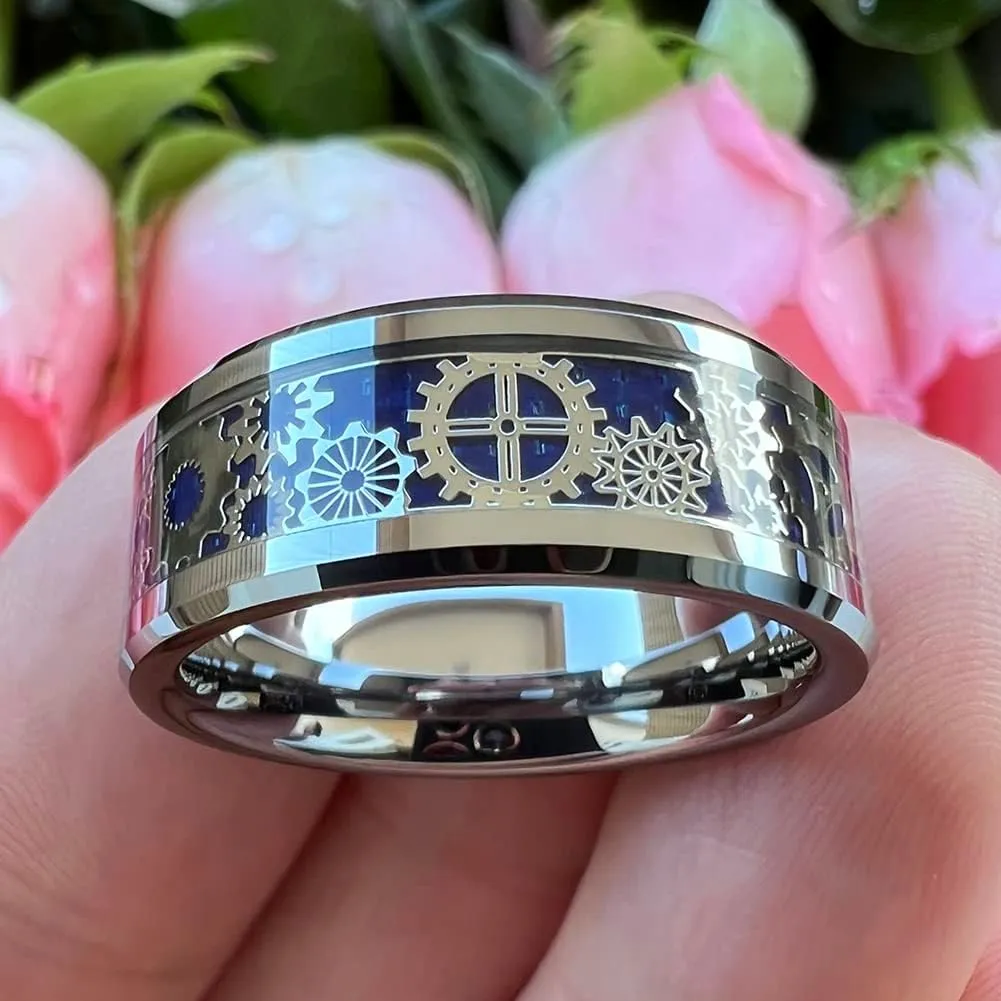 6mm 8mm Blue Red Green Carbon Fiber Steampunk Gear Inlay Tungsten Rings for Men Women Wedding Bands Beveled Edges Polished Comfort Fit