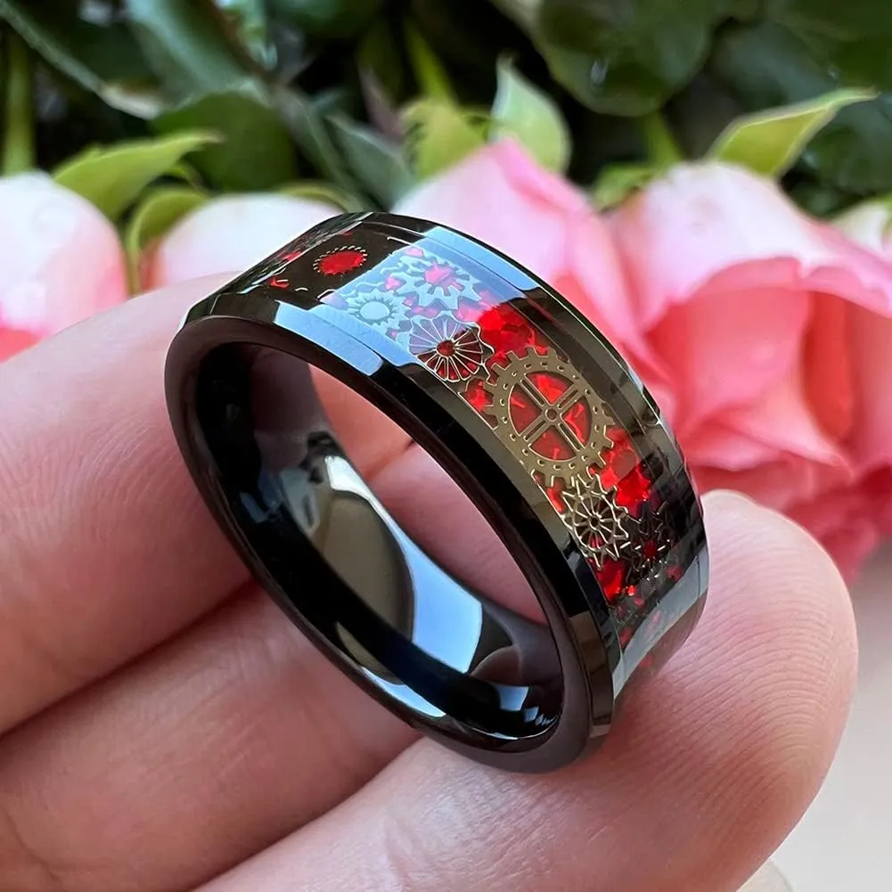 6mm 8mm Blue Red Green Carbon Fiber Steampunk Gear Inlay Tungsten Rings for Men Women Wedding Bands Beveled Edges Polished Comfort Fit