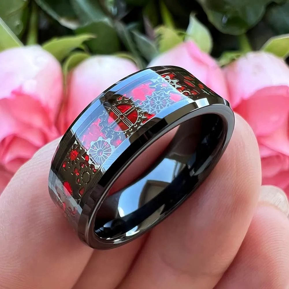 6mm 8mm Blue Red Green Carbon Fiber Steampunk Gear Inlay Tungsten Rings for Men Women Wedding Bands Beveled Edges Polished Comfort Fit