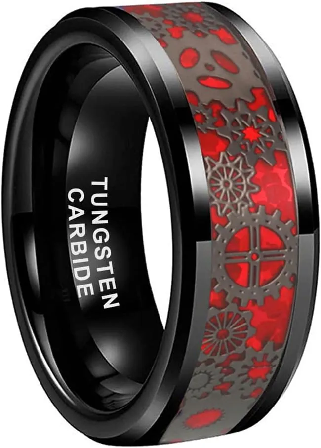 6mm 8mm Blue Red Green Carbon Fiber Steampunk Gear Inlay Tungsten Rings for Men Women Wedding Bands Beveled Edges Polished Comfort Fit