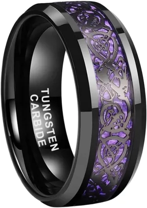 6mm 8mm Silver/Black Tungsten Rings for Men Women Black/Red/Green/Purple Carbon Fiber Celtic Dragon Inlay Fashion Jewelry Engagement Wedding Bands Beveled Edges Comfort Fit