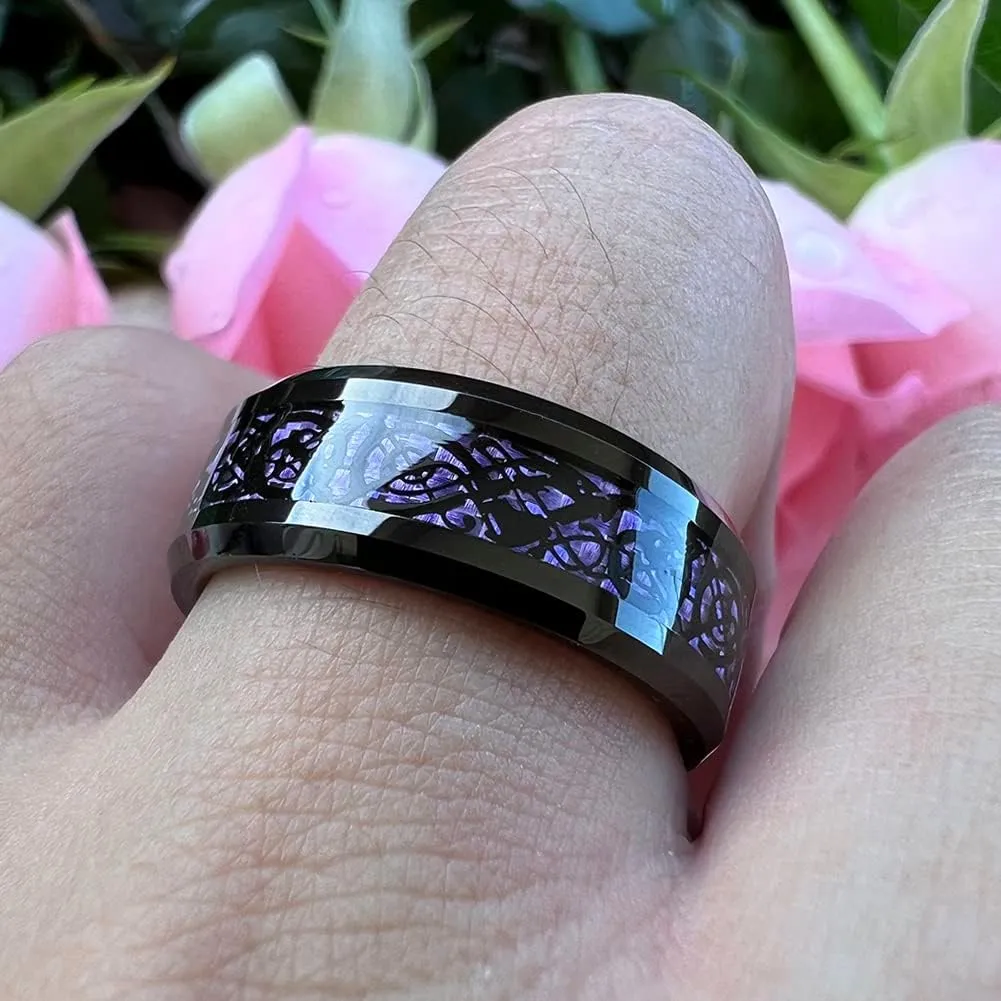 6mm 8mm Silver/Black Tungsten Rings for Men Women Black/Red/Green/Purple Carbon Fiber Celtic Dragon Inlay Fashion Jewelry Engagement Wedding Bands Beveled Edges Comfort Fit