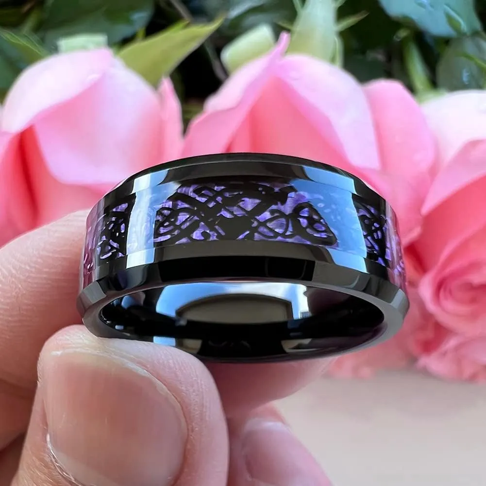 6mm 8mm Silver/Black Tungsten Rings for Men Women Black/Red/Green/Purple Carbon Fiber Celtic Dragon Inlay Fashion Jewelry Engagement Wedding Bands Beveled Edges Comfort Fit