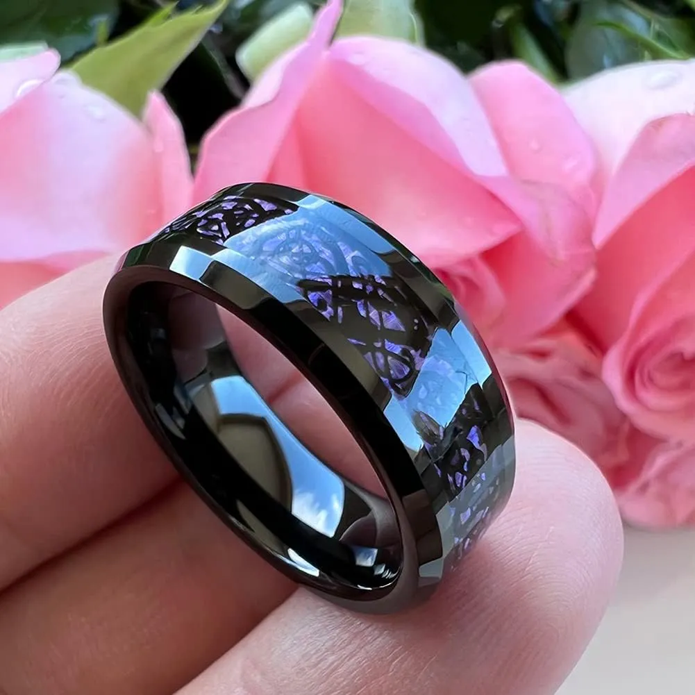 6mm 8mm Silver/Black Tungsten Rings for Men Women Black/Red/Green/Purple Carbon Fiber Celtic Dragon Inlay Fashion Jewelry Engagement Wedding Bands Beveled Edges Comfort Fit