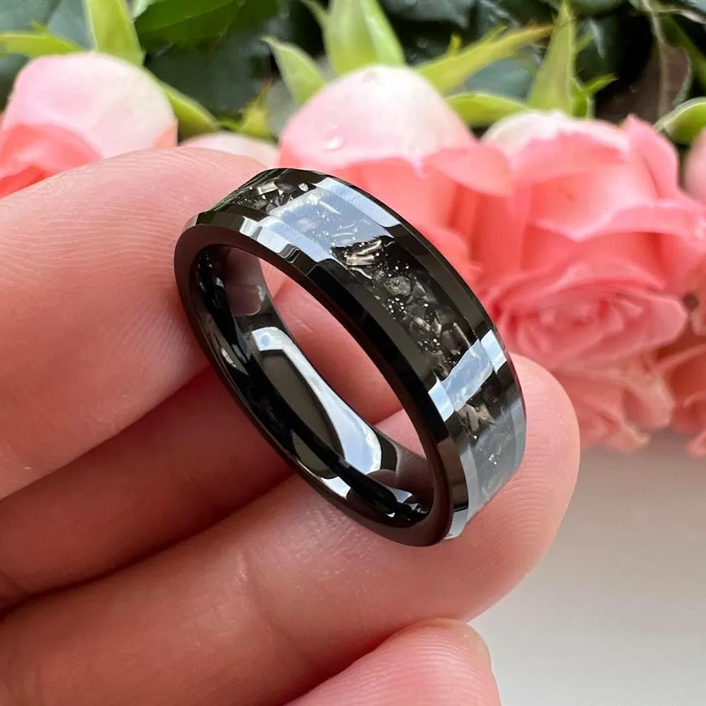 6mm 8mm Silver/Black Tungsten Rings for Men Women Meteorite Shavings Inlay Promise Engagement Wedding Bands Beveled Edges Polished Shiny Comfort Fit