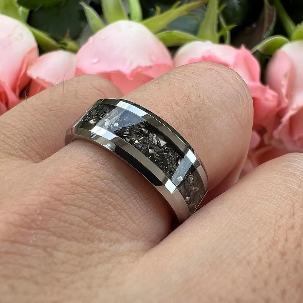 6mm 8mm Silver/Black Tungsten Rings for Men Women Meteorite Shavings Inlay Promise Engagement Wedding Bands Beveled Edges Polished Shiny Comfort Fit