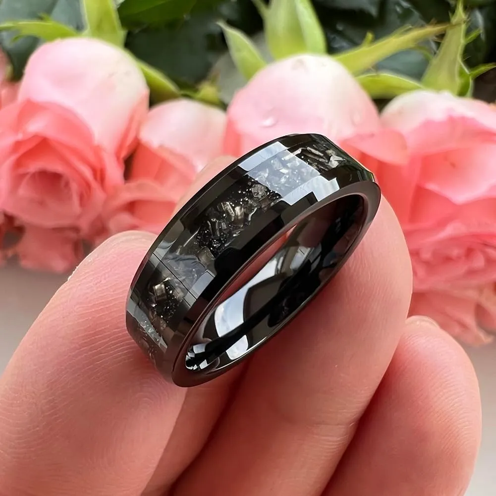 6mm 8mm Silver/Black Tungsten Rings for Men Women Meteorite Shavings Inlay Promise Engagement Wedding Bands Beveled Edges Polished Shiny Comfort Fit