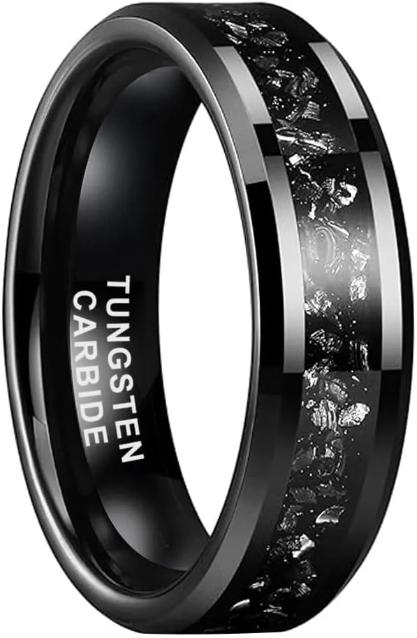 6mm 8mm Silver/Black Tungsten Rings for Men Women Meteorite Shavings Inlay Promise Engagement Wedding Bands Beveled Edges Polished Shiny Comfort Fit