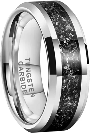 6mm 8mm Silver/Black Tungsten Rings for Men Women Meteorite Shavings Inlay Promise Engagement Wedding Bands Beveled Edges Polished Shiny Comfort Fit