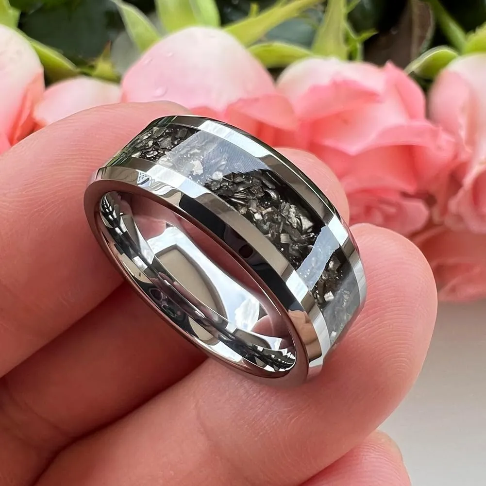 6mm 8mm Silver/Black Tungsten Rings for Men Women Meteorite Shavings Inlay Promise Engagement Wedding Bands Beveled Edges Polished Shiny Comfort Fit