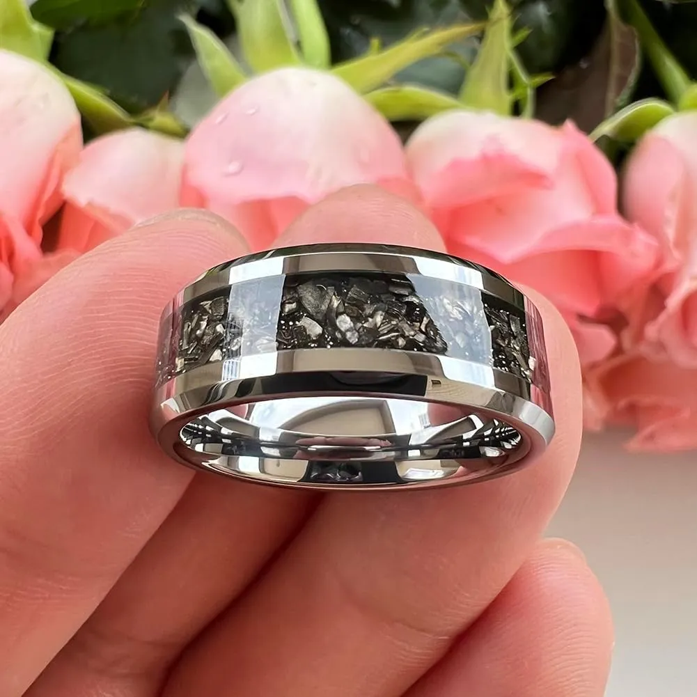 6mm 8mm Silver/Black Tungsten Rings for Men Women Meteorite Shavings Inlay Promise Engagement Wedding Bands Beveled Edges Polished Shiny Comfort Fit