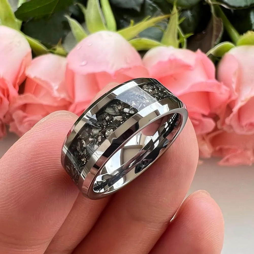 6mm 8mm Silver/Black Tungsten Rings for Men Women Meteorite Shavings Inlay Promise Engagement Wedding Bands Beveled Edges Polished Shiny Comfort Fit