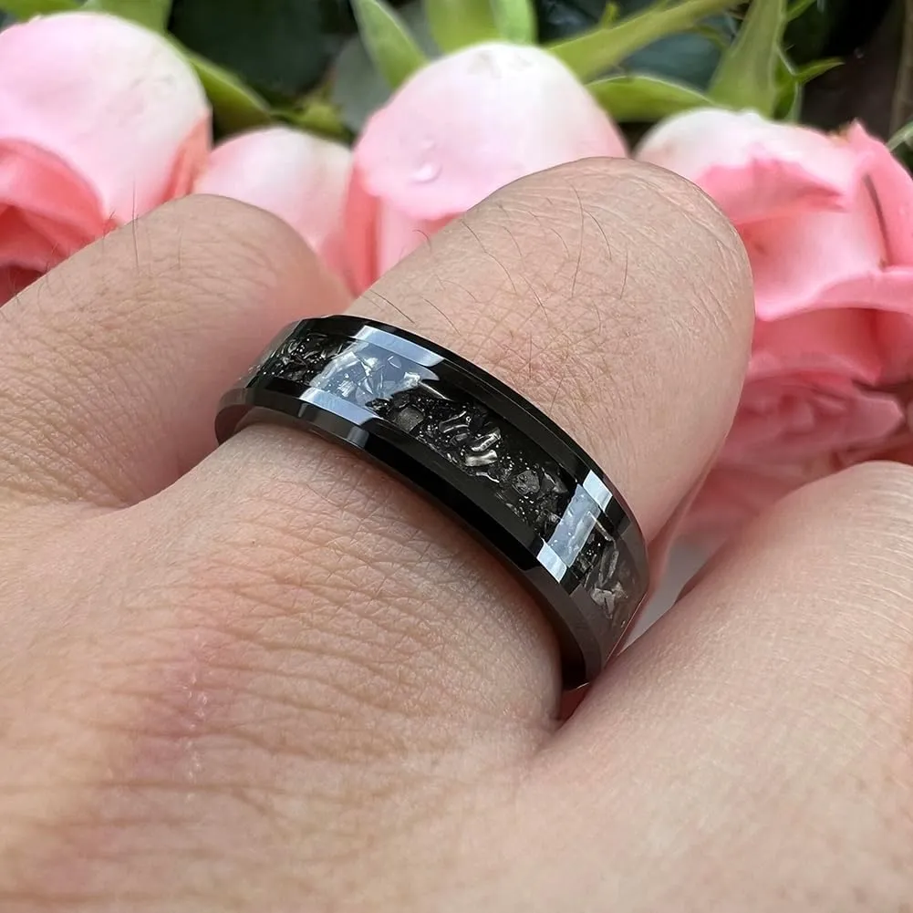 6mm 8mm Silver/Black Tungsten Rings for Men Women Meteorite Shavings Inlay Promise Engagement Wedding Bands Beveled Edges Polished Shiny Comfort Fit