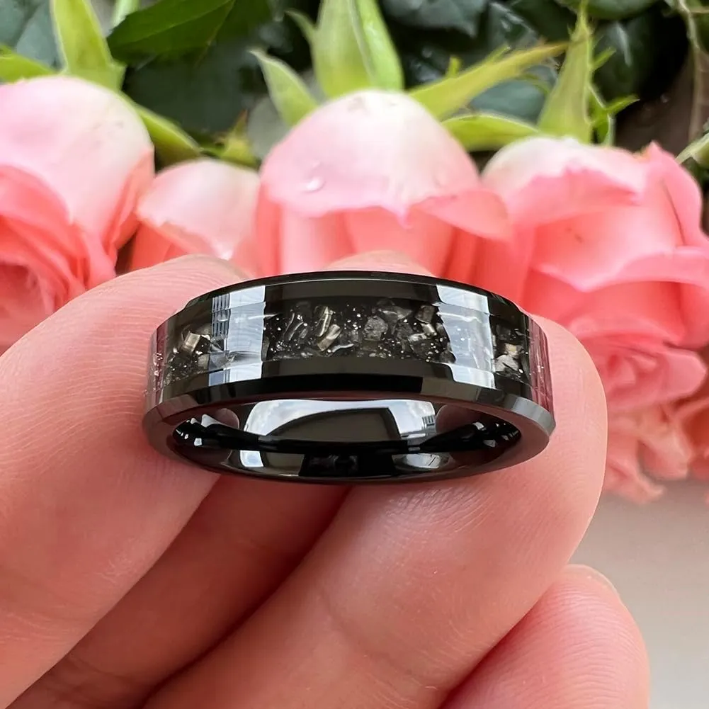 6mm 8mm Silver/Black Tungsten Rings for Men Women Meteorite Shavings Inlay Promise Engagement Wedding Bands Beveled Edges Polished Shiny Comfort Fit