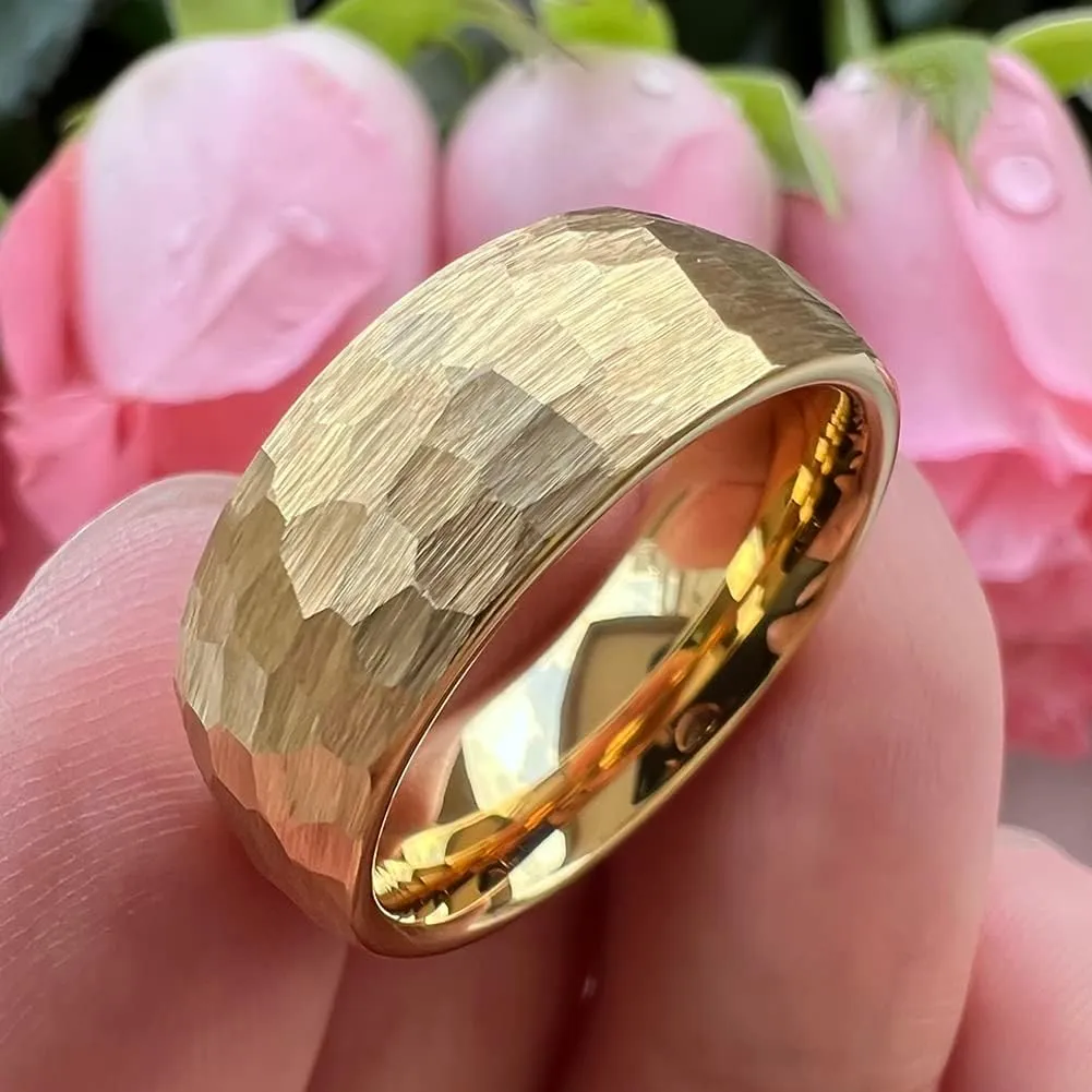 6mm 8mm Silver/Black/Gold/Rose Gold Hammered Tungsten Rings for Men Women Couple Fashion Jewelry Engagement Wedding Bands Domed Matte Finish Comfort Fit