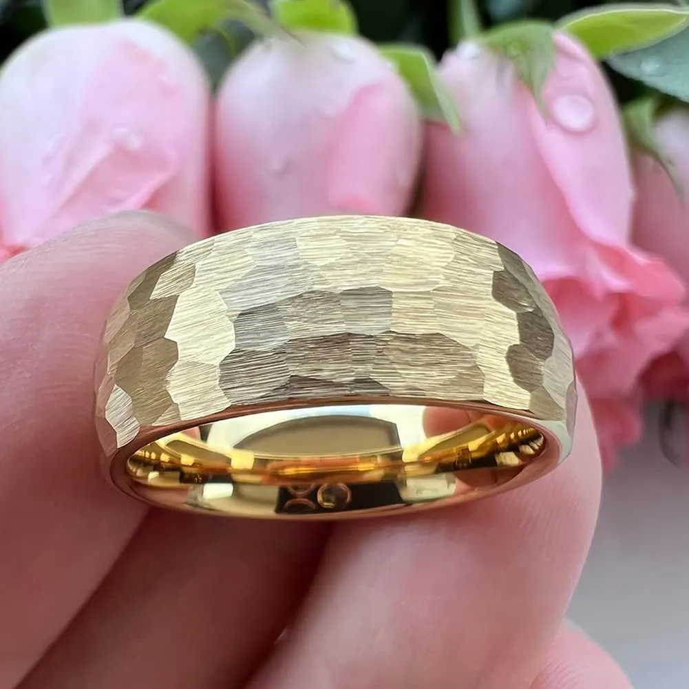 6mm 8mm Silver/Black/Gold/Rose Gold Hammered Tungsten Rings for Men Women Couple Fashion Jewelry Engagement Wedding Bands Domed Matte Finish Comfort Fit