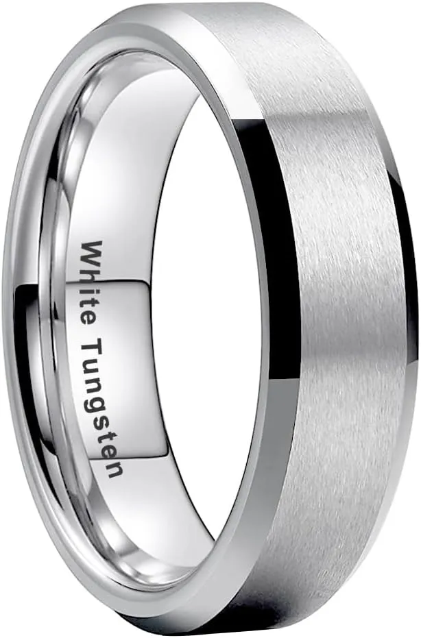 6mm 8mm White Tungsten Rings for Men Women Couple Fashion Jewelry Engagement Wedding Bands Matte Finish Beveled Edges Comfort Fit