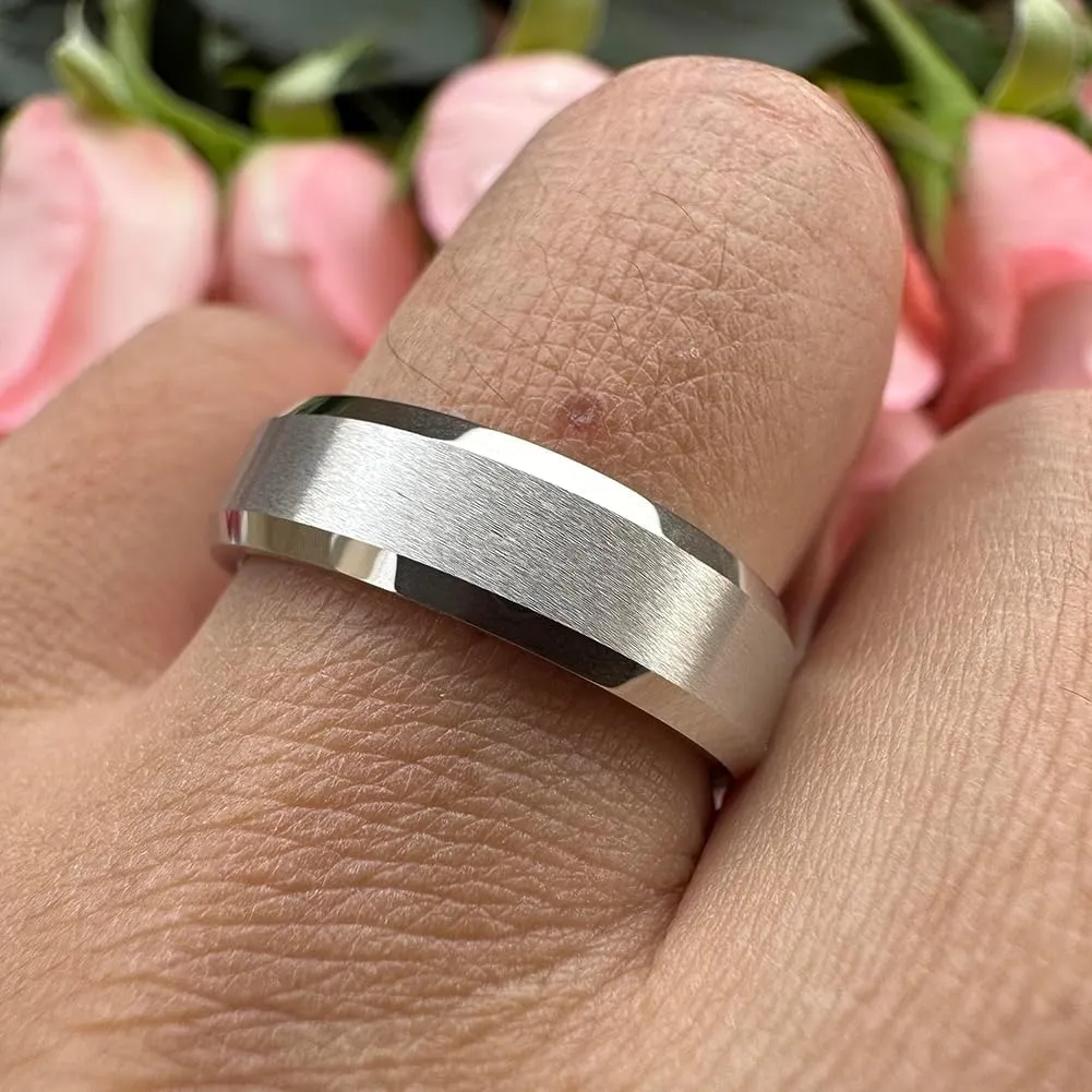 6mm 8mm White Tungsten Rings for Men Women Couple Fashion Jewelry Engagement Wedding Bands Matte Finish Beveled Edges Comfort Fit