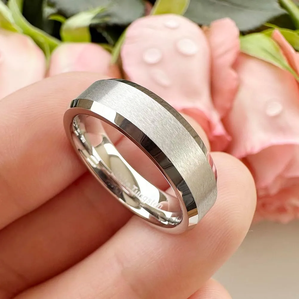 6mm 8mm White Tungsten Rings for Men Women Couple Fashion Jewelry Engagement Wedding Bands Matte Finish Beveled Edges Comfort Fit