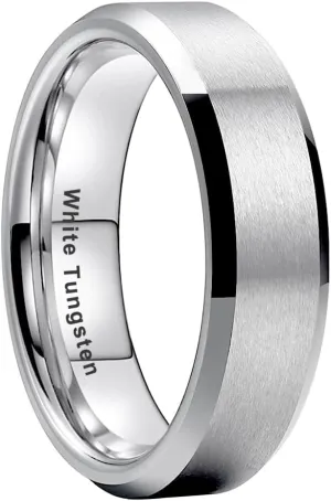 6mm 8mm White Tungsten Rings for Men Women Couple Fashion Jewelry Engagement Wedding Bands Matte Finish Beveled Edges Comfort Fit