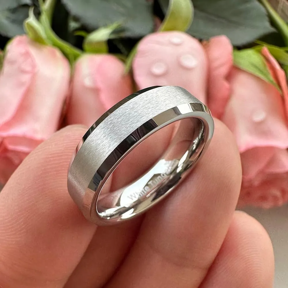 6mm 8mm White Tungsten Rings for Men Women Couple Fashion Jewelry Engagement Wedding Bands Matte Finish Beveled Edges Comfort Fit